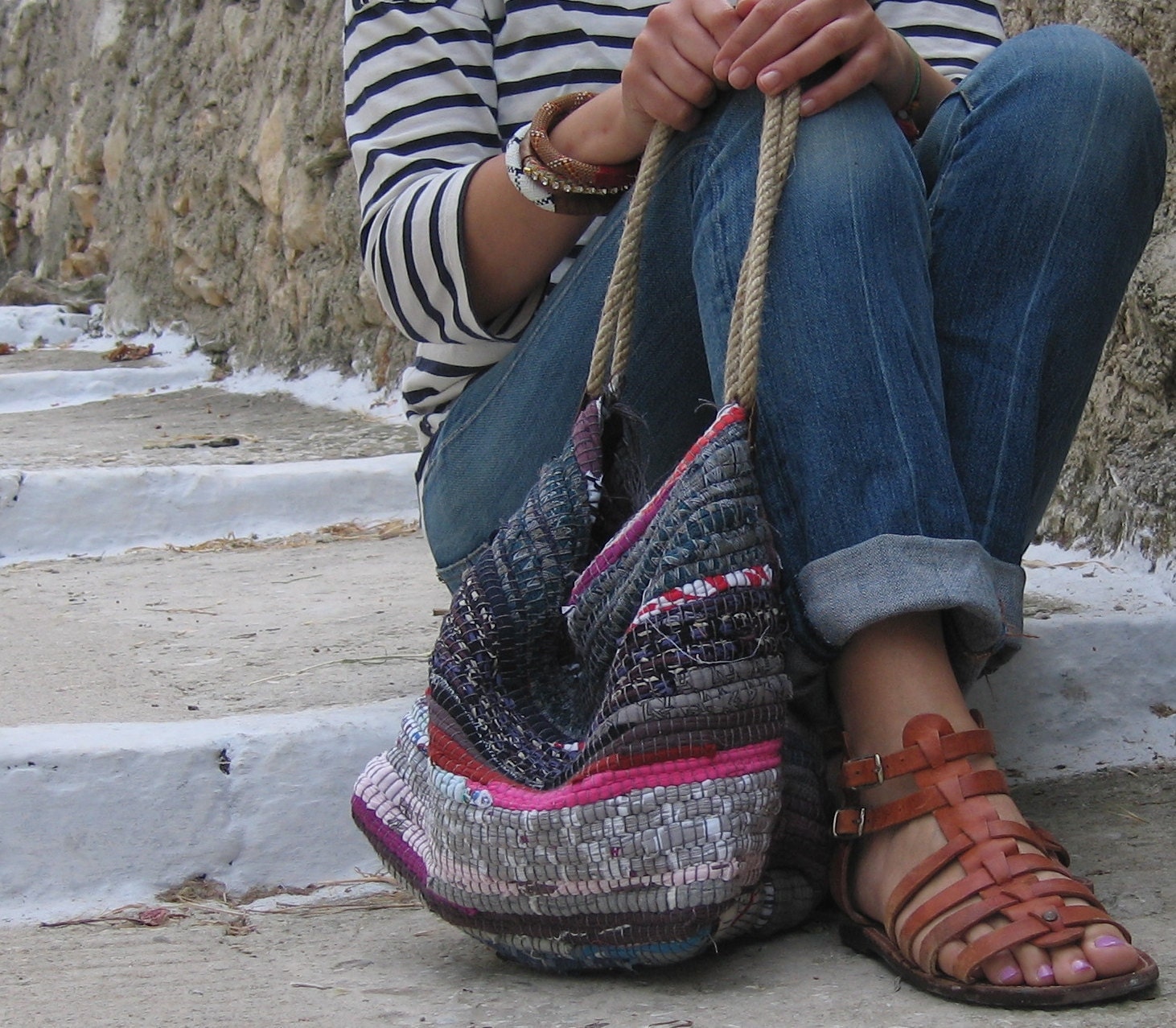 Bohemian shoulder kilim bag medium size jute rope handle ready to ship