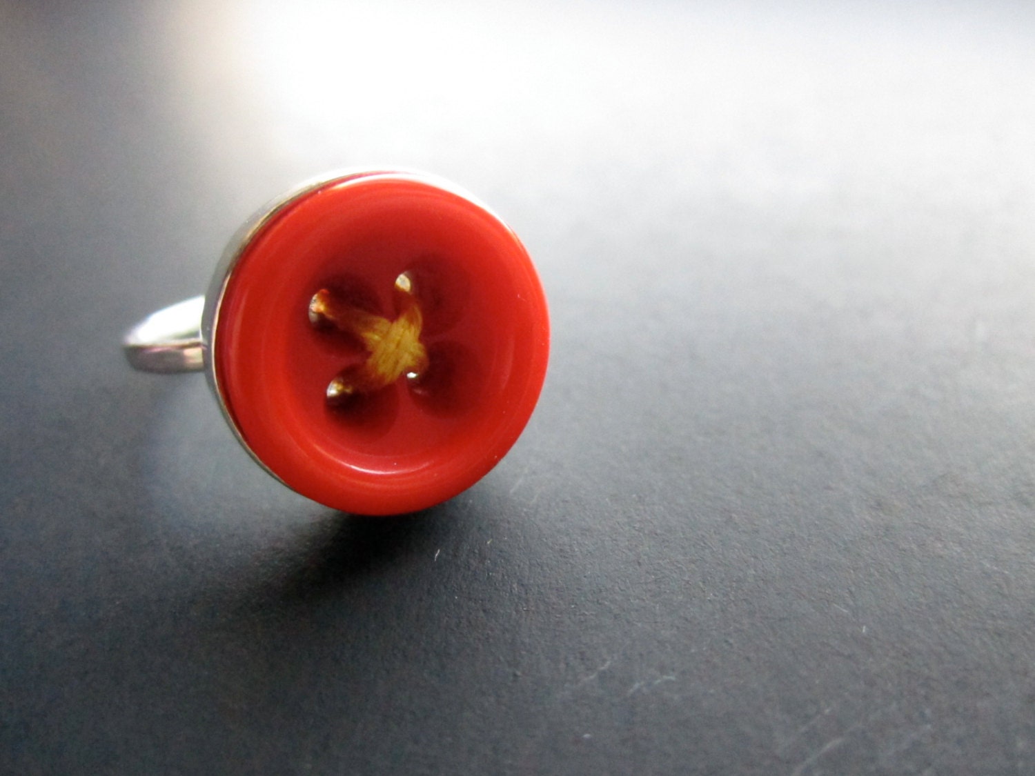 Bright Red Button Ring - size 7.5 - sterling silver