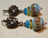 Turquoise Blue and Pink Lampwork and Antique Copper Earrings