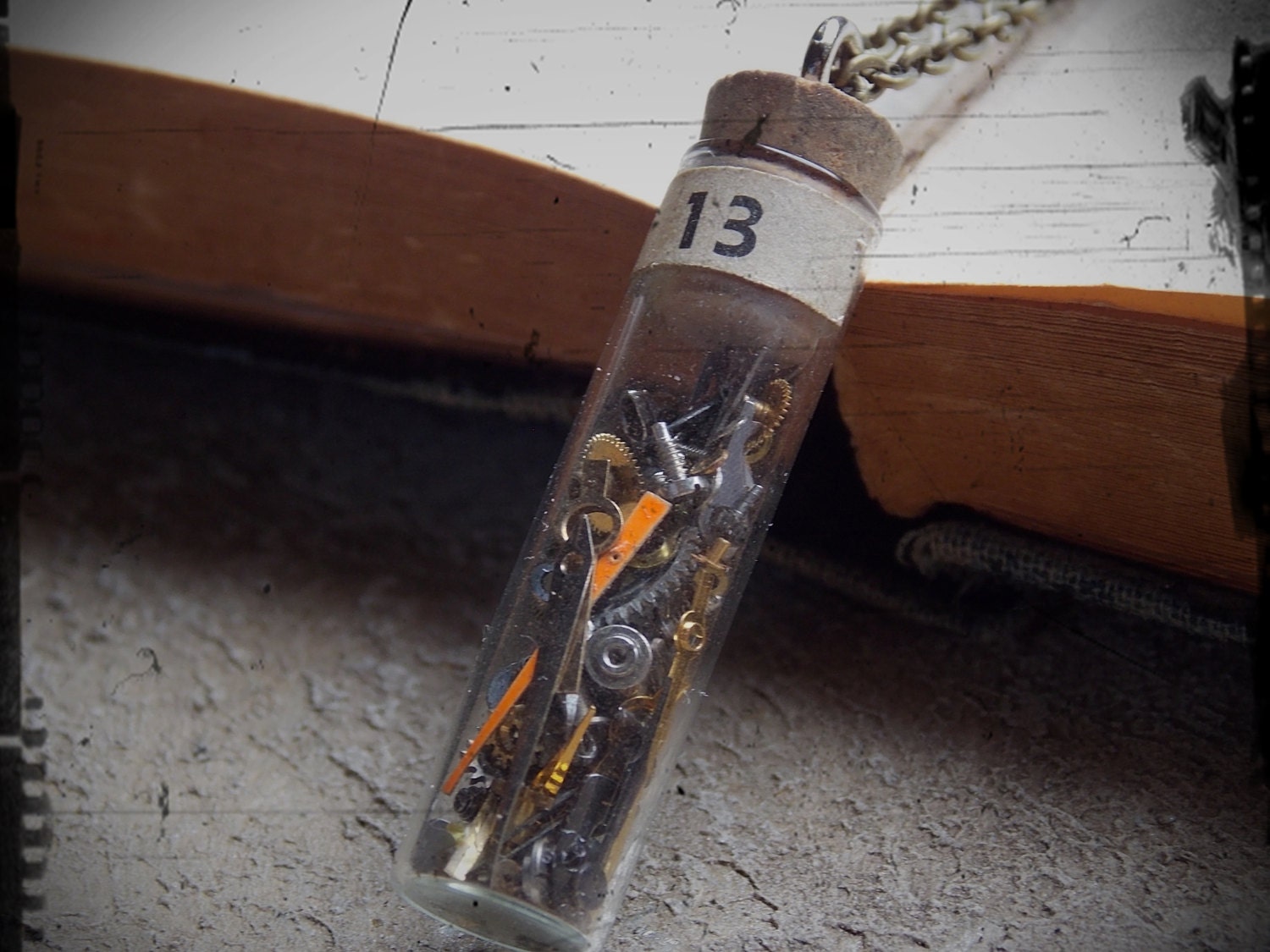 Glass Vial Necklace 13 Filled With Tiny Watch Parts Steampunk Jewelry Vintage