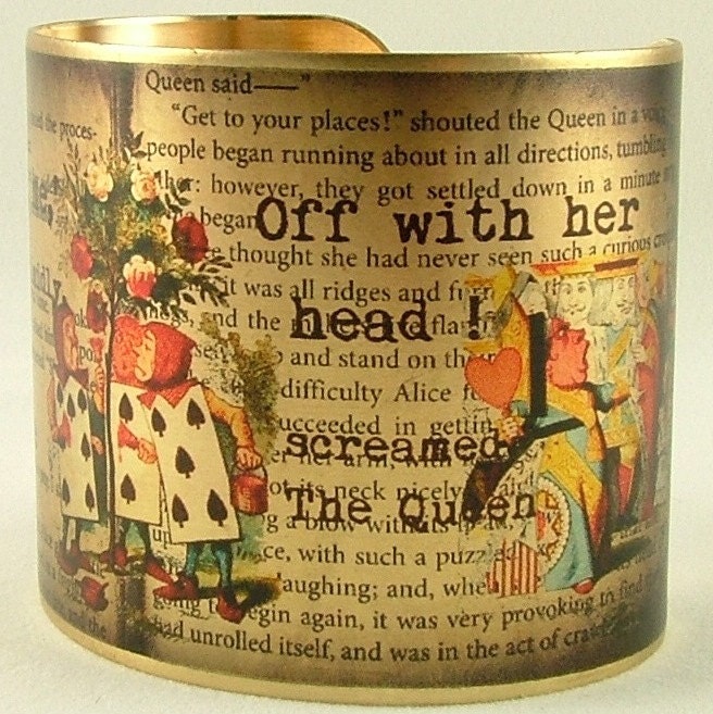 Literary Brass Cuff Bracelet with Alice In Wonderland The Queen's Croquet-Ground