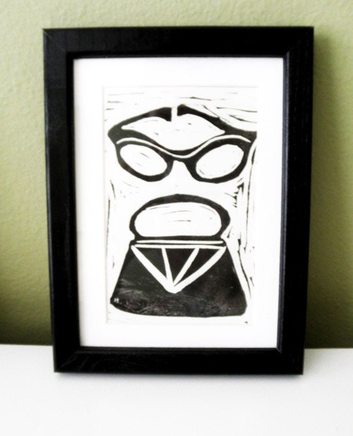 Black and White Vintage Cat Glasses and Purse Original Relief Print 4x6in