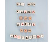 baby boy nursery photograph / sleep, typography, baby blue, nursery decor, scrabble tiles, quote / let him sleep / 8x10 fine art photo