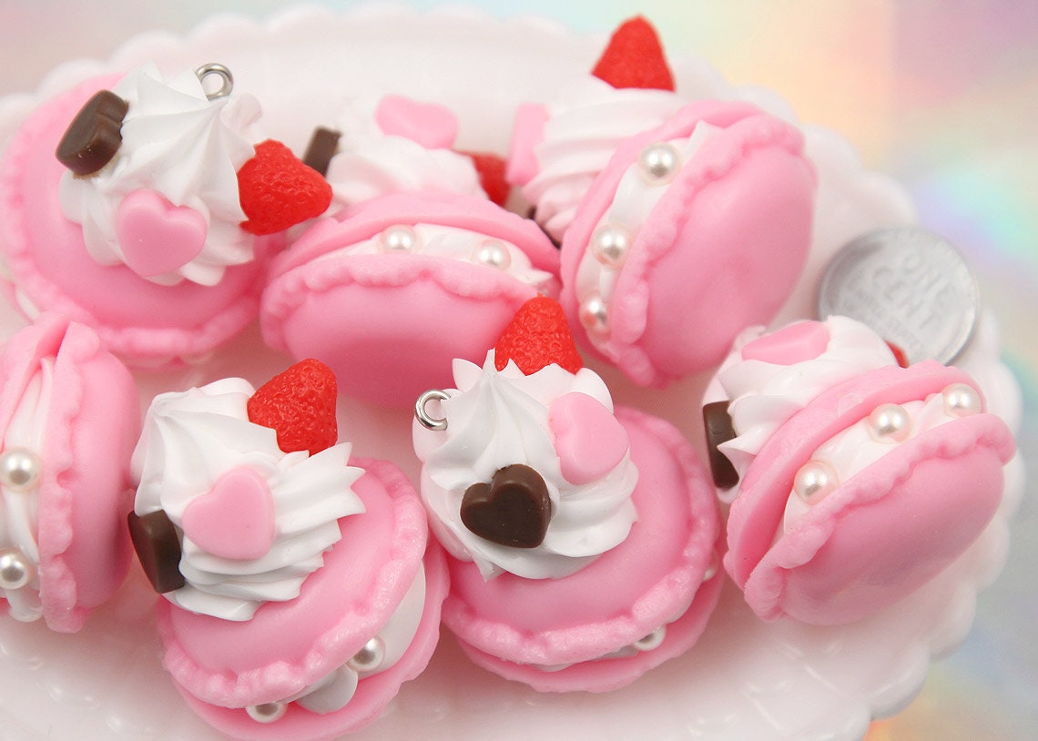 34mm Fake Pink Macaron with Frosting Decorations or Charms - for making fake food crafts - 2 pc set