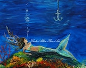 Mermaid Mermaids Art Print Wall Art Underwater Tail Fin Ocean Girl Seascape Fantasy Art  "A Pirates True Love Awaits" Leslie Allen Fine Art