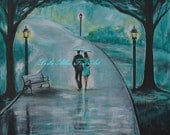 Original Acrylic Painting Couple "Romantic Walk" Couples Kissing Raining Rain Under Umbrella Hugging LOVE Park Leslie Allen Fine Art