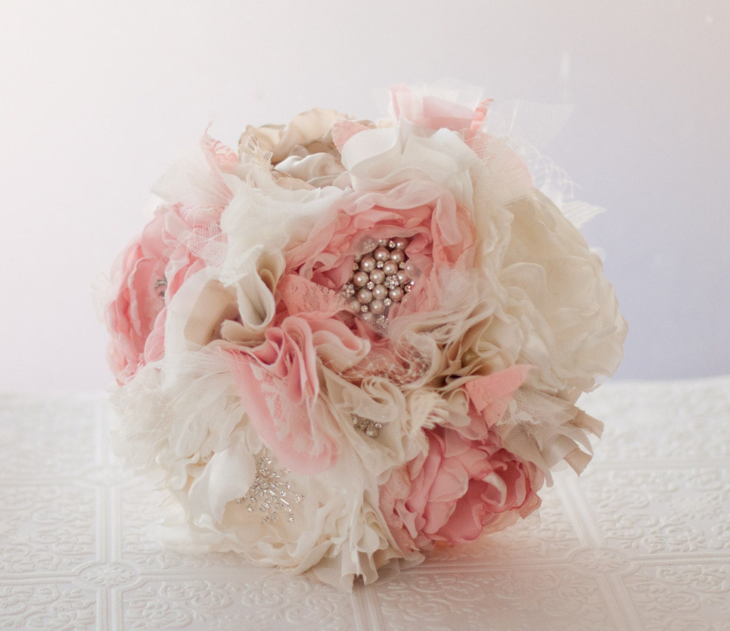 Fabric Flower Brooch Bouquet, Custom Wedding Bouquet, vintage rhinestone and pearl brooches, pastel pink,, ivory