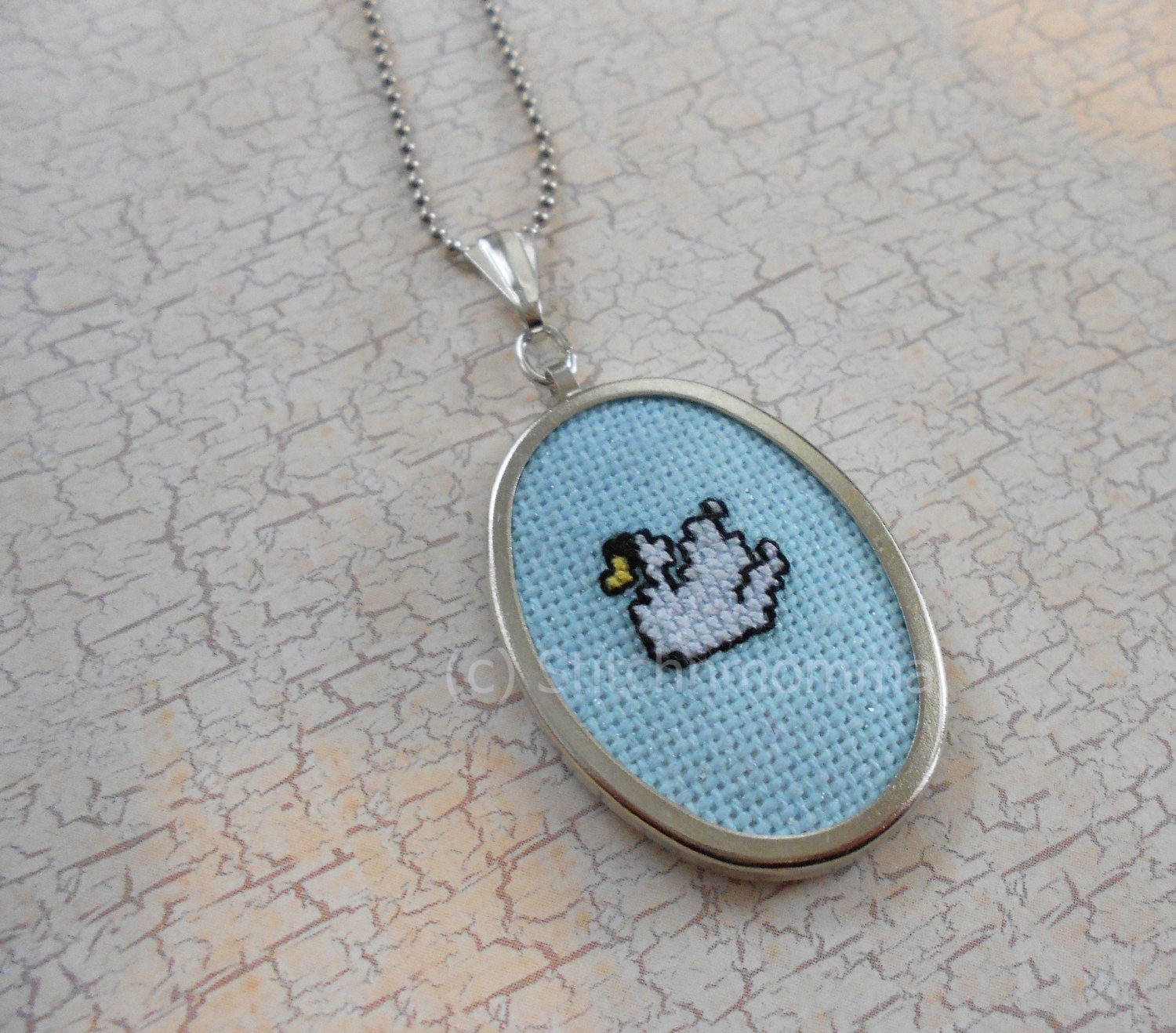 White Swan Cross Stitched Pendant Necklace