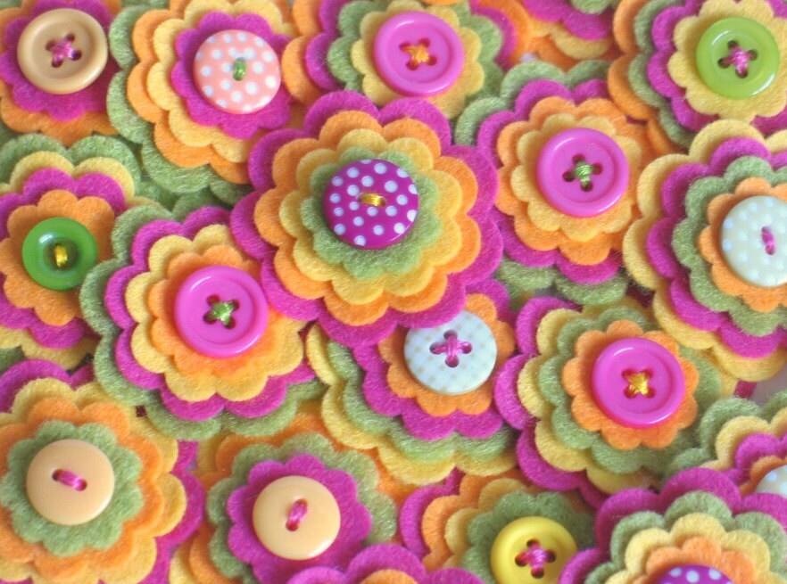 SUMMER FRUITS - Set of 3 Felt Flower Embellishments in Lime, Hot Pink, Yellow and Soft Orange