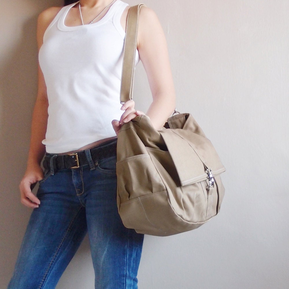 MAY Sale - Khaki Canvas Women Shoulder Bag, Messenger bag, Tote, Hobo, Diapers Bag, School Bag, Handbag - KINIES CLASSIC