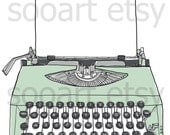 green pastel Typewriter old with paper --Original Illustrate Drawing  Print transfer on Pillows, t-shirts, scrapbook, lampshades  ETC.v