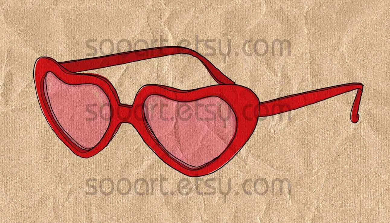 Heart shaped red sunglasses vintage- Drawing  A4 Transfer Print Pillows, t-shirts, scrapbook, lampshades