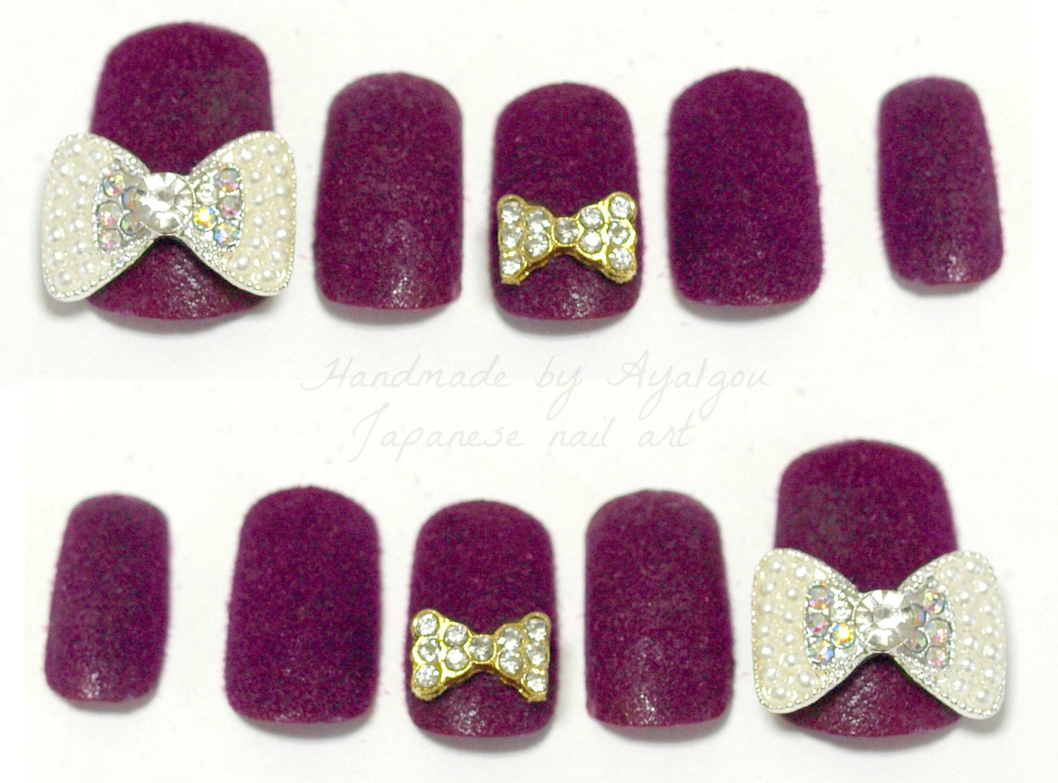 Big bows, texture nail polish, velvet nails, velours frappe, bling nails, Japanese nail art
