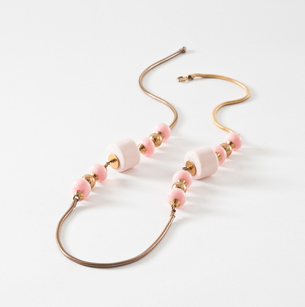 1960's Mod Pink Necklace - Gold Chain & Pink Chunky Geometric Pop Art