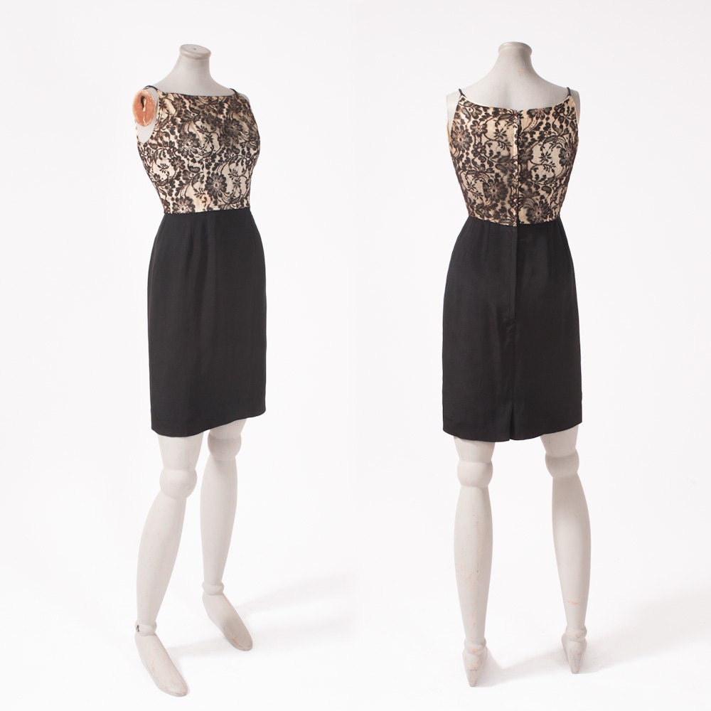 Vintage 1950's Black Lace Wiggle Dress Noir Cocktail Vegas Chantilly LBD