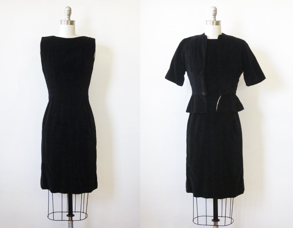SALE 1960s black velvet dress / vintage 60s black velvet dress with matching bolero / black cocktail wiggle dress