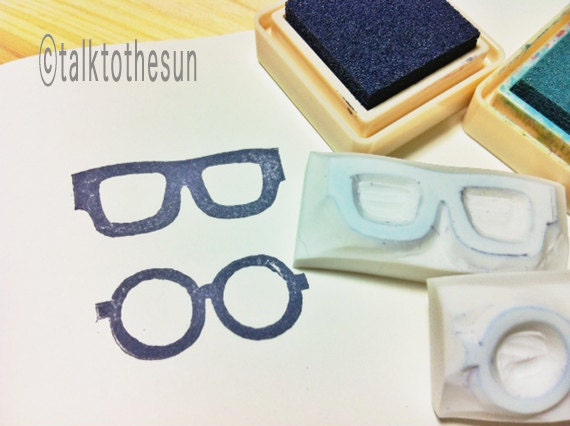 GLASSES hand carved rubber stamp. handmade rubber stamp. set of 2. no1
