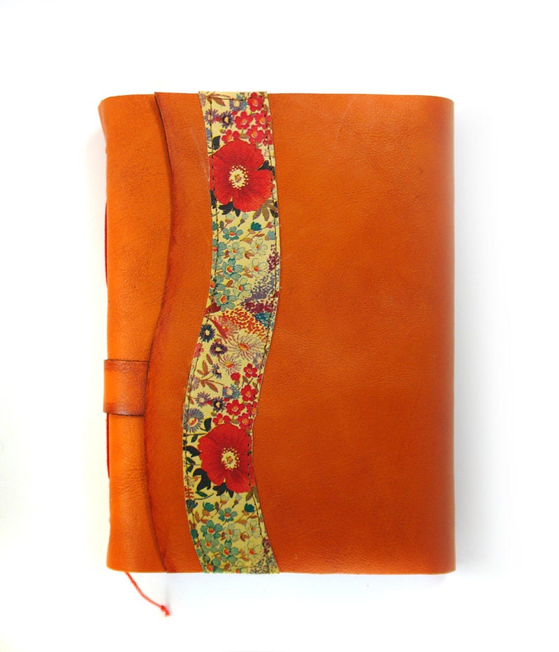 Floral Leather Journal - Journal with Orange Leather Cover and Floral Leather - Diary, Notebook, Sketchbook