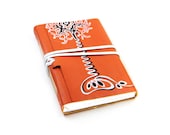 Orange Leather Journal, Hand Painted Notebook, Diary -  Leather Cover, blank white thick paper - Arabesque Tree