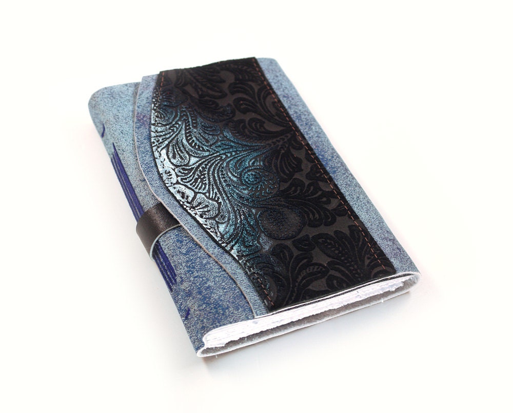 Dawn - Blue Leather Journal, Art Nouveau Small Pocket Notebook - Lined Journal