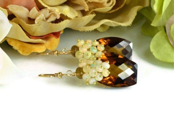 Valentines Sale-Cognac Topaz Opal Gemstone Dangle Earrings, 14k Gold Filled Wire Wrapped Earrings