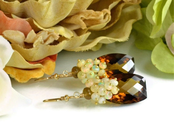 Valentines Sale-Cognac Topaz Opal Gemstone Dangle Earrings, 14k Gold Filled Wire Wrapped Earrings