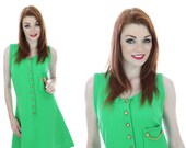 60s Wool Mod Dress Sixties Bright Green 1960s Butte Knit Wool Blend 70s 1970s Vintage Gold Chain Details A-line Small S M Medium