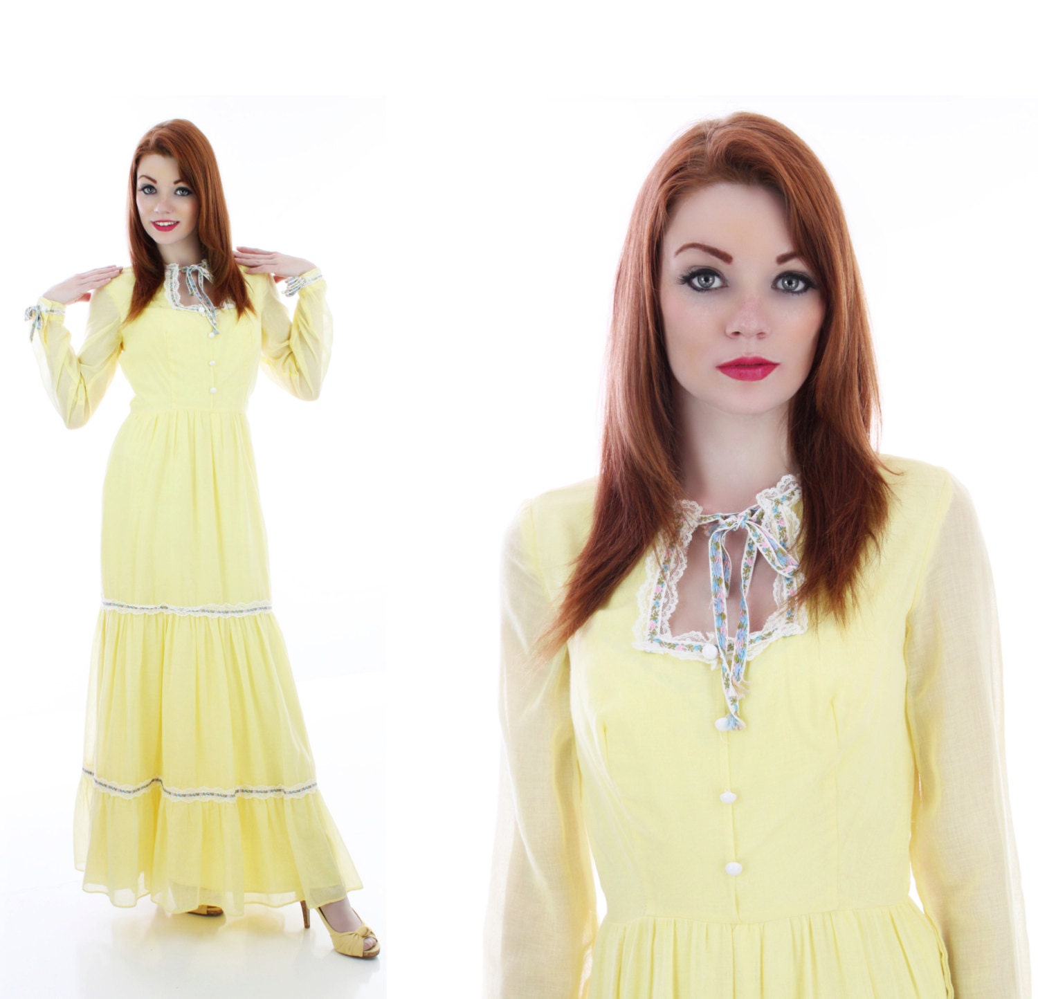 Bohemian Festival Dress Gunne Sax Style Vintage 60s 70s Yellow Embroidered Trim Hippie Boho Prairie Peasant Small S Medium M
