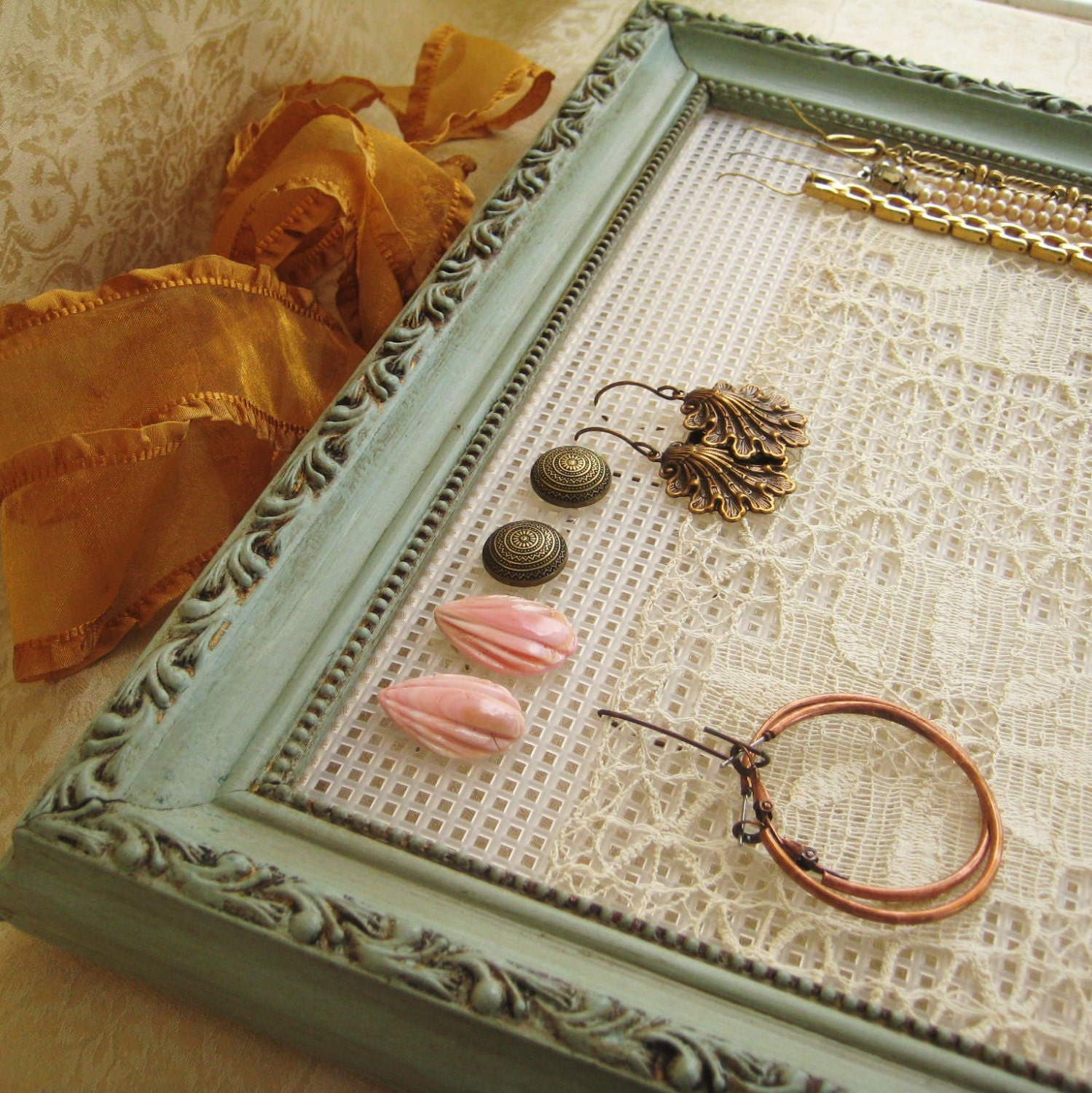 Earring Holder Jewelry Organizer Display Romantic Repurposed Vintage Picture Frame