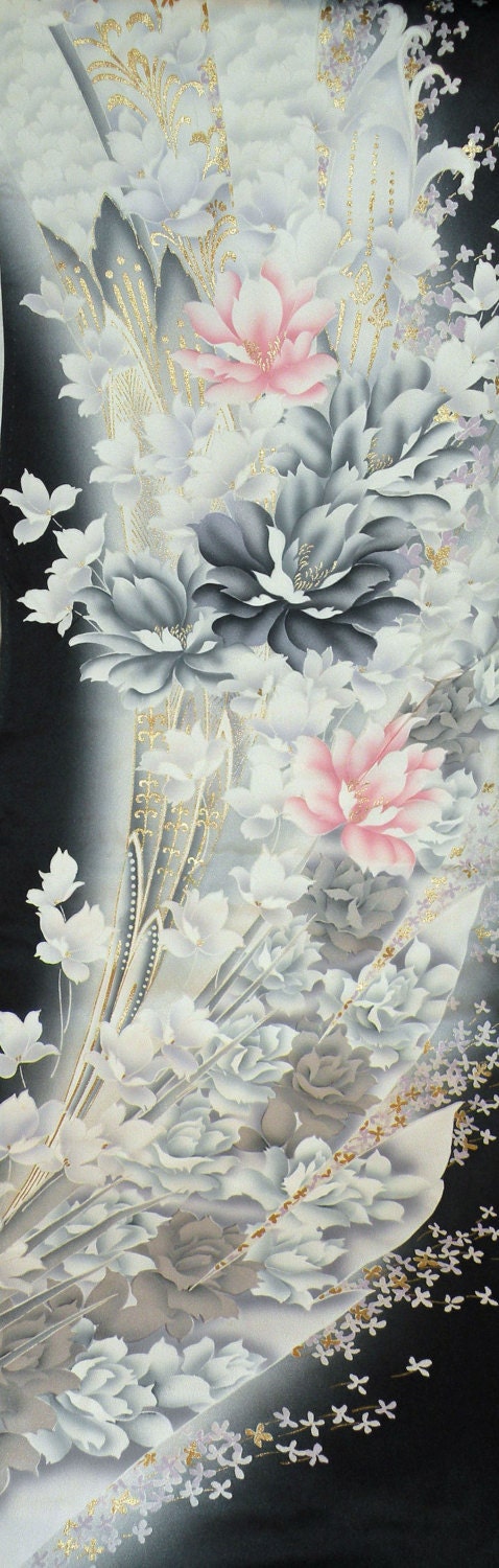 Silk Kimono Fabric  Scarf/Shawl/Wrap..Cherry Blossoms Peony ..Florals..Black/Lavendar/Pink/Ivory..Clutch available