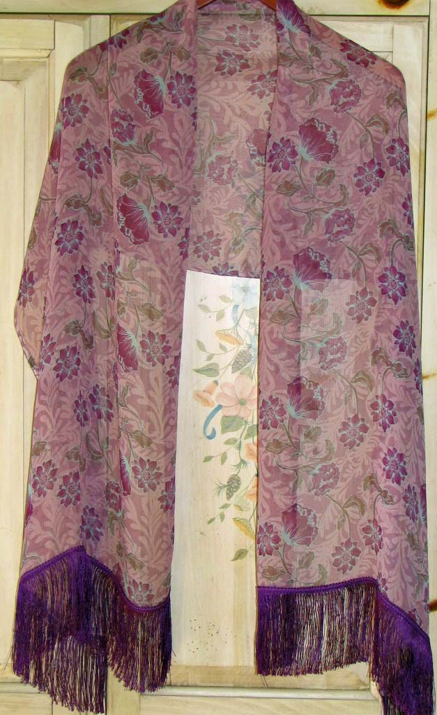 Silk Chiffon fabric Scarf/Wrap/Shawl..Peony..Butterflies..Purple..Lavendar..Pink and Brown