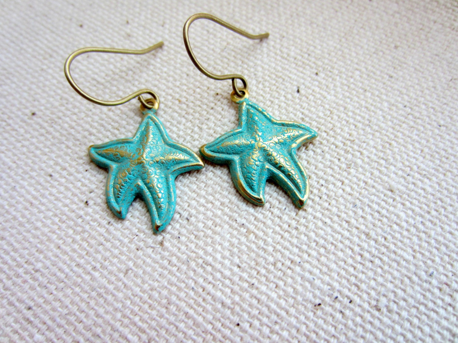 Brass Starfish Earrings, Patina, Aqua, Teal, Turquoise, Charm Earrings, Ocean Inspired