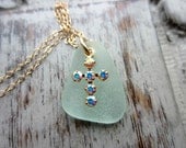 Seafoam Mint Green Sea Glass Necklace, 14k Gold Filled with Gold Plated Swarovski Crystal Aurora Borealis Crystal Cross Charm, Pastel, Aqua