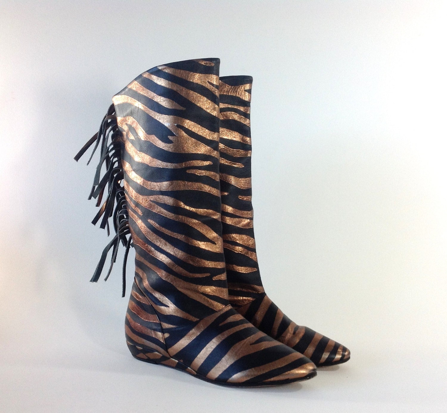 80s Rocker Boots 1980s Vintage Boots pointy toes Gold Zebra FRINGE