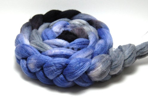 Handpainted Merino Silk Wool Roving - Moonblinked - 4 oz Purple Black Silver