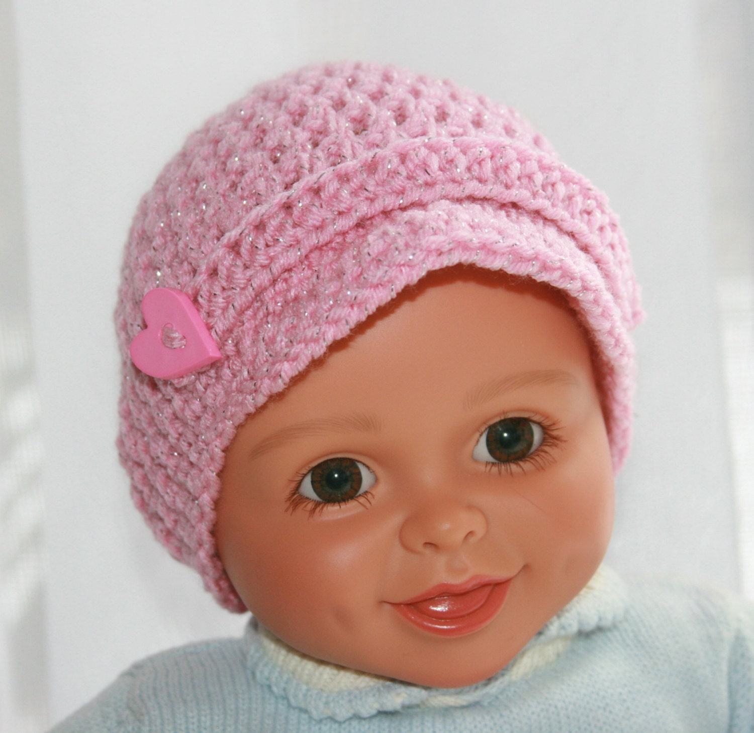 Pink Baby girl hat newsboy beanie 0-3 months newborn photo prop sparkly, accented with a heart button