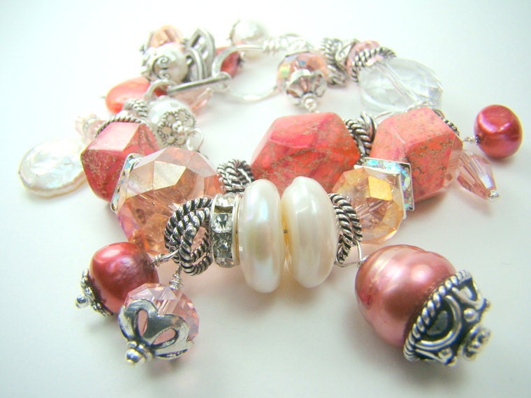Chunky salmon charm bracelet, double strand peach pearl gemstone, pastel statement bracelet... Salmon Skies