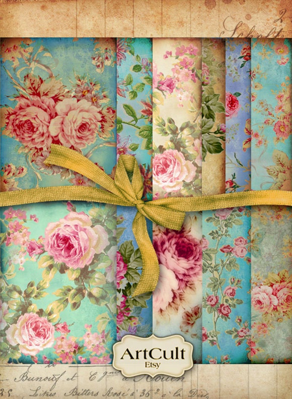 ELEGANZA - 12 Floral Backgrounds Digital Collage Sheets 2.5x3.5 inch size Printable Images, gift tags, Jewelry Holders