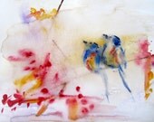 giclee print of songbirds on a flowering branch in springtime