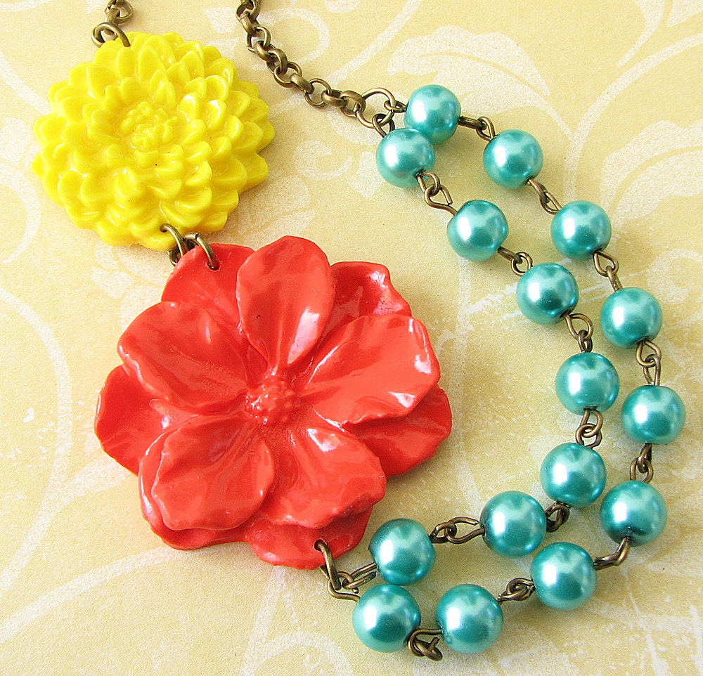 Flower Necklace Statement Jewelry Coral Necklace Teal Jewelry Bib Yellow Necklace Double Strand