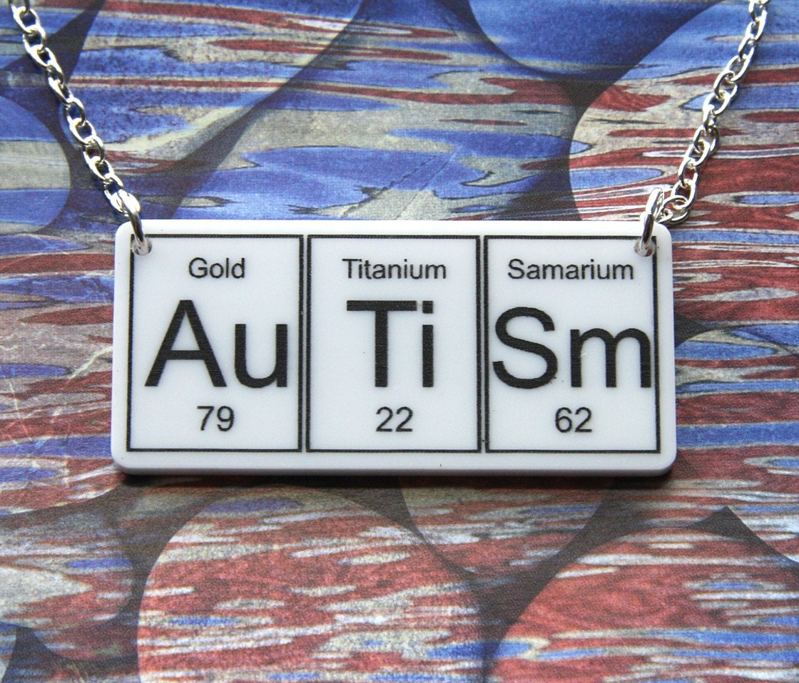AuTiSm white laser cut acrylic Necklace .... periodic table inspired jewelery
