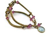 Antique Gold Bracelet, Swarovski Crystals, Double Strand Amethyst Bracelet, Amethyst Bracelet, Women's Bracelet, Handmade Jewelry