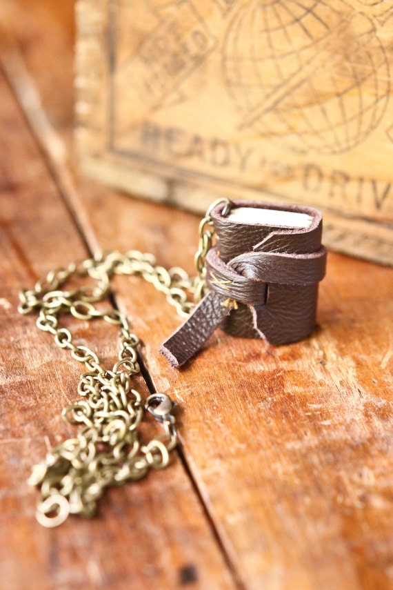 Mini Leather Journal Necklace - Brown Handmade Book Pendant