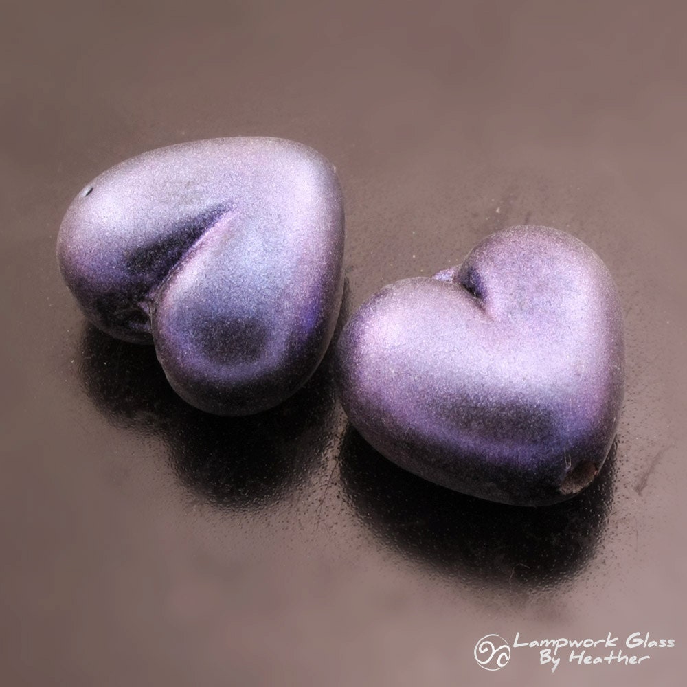Handmade Lampwork Heart Beads Blue Pixie Dust on Black Earring Pair Heather Behrendt BHV SRA LETeam