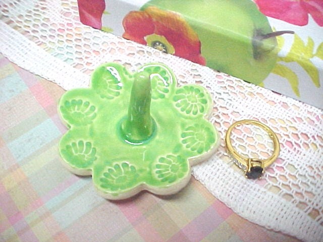 Mint Green Flowers Ring Dish Jewelry Holder Handcrafted Porcelain