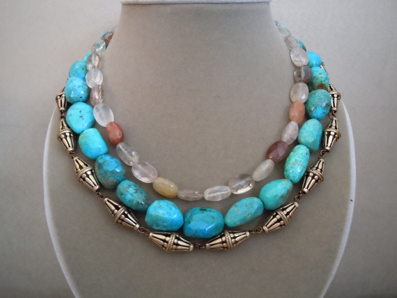 NEW Gypsy -- One of a Kind -- Sunstone, Rudilated Gold Quartz, Turquoise Nuggets, and Brass Necklace