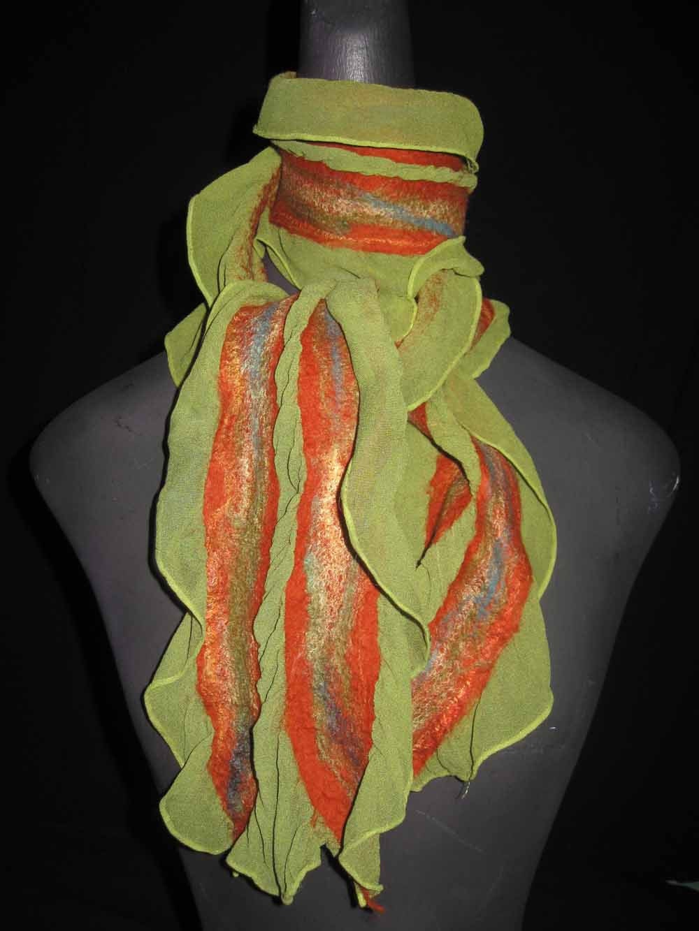 Orange and Green Nuno Felted Silk and Merino Wool Scarf