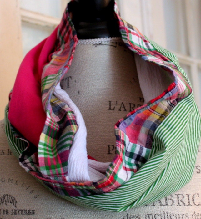 prep perfection white pink green and madras infinity scarf