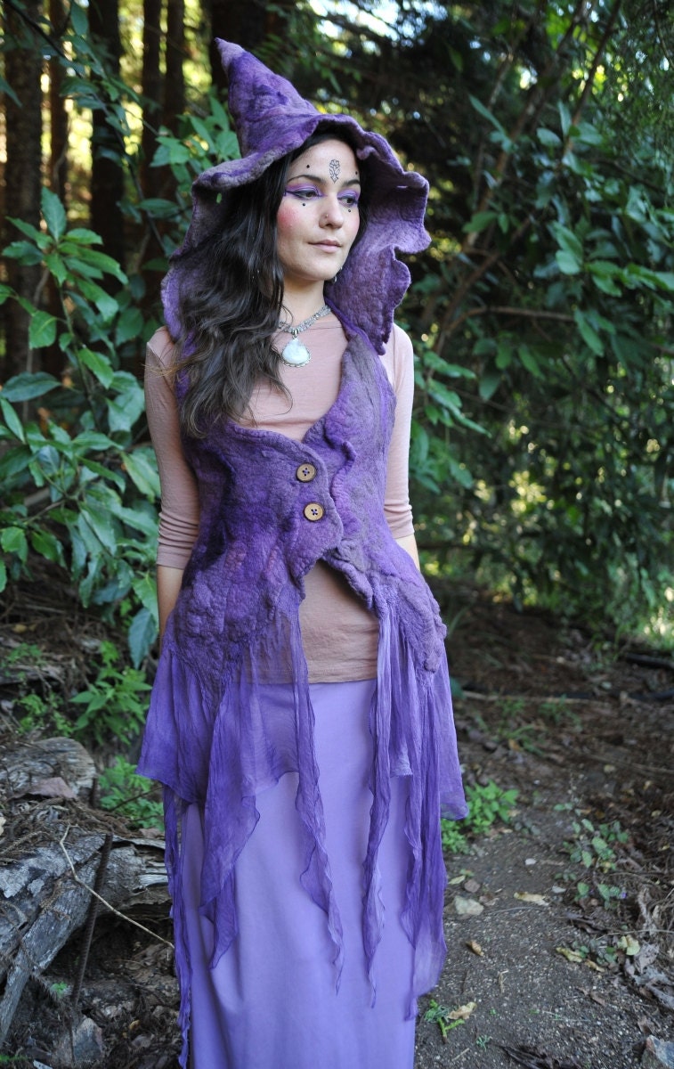 RESERVED for J J - Nuno Felted Melted Witches Holey Corset Closure Halter Neck Detachable Pixie Hood Vest Top OOAK