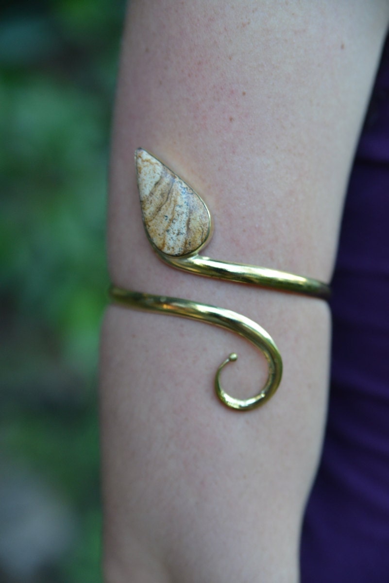 Fairy Elven Goddess Tribal Brass Tear Drop Picture Jasper Spiral Upper Arm Cuff Bracelet Adornment OOAK